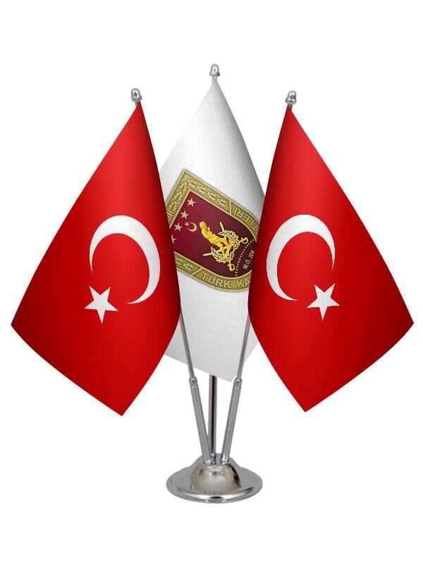 Masa Üstü Kara Kuvvetleri Bayrağı Türk Bayrağı Üçlü Krom Direk Masa Bayrak Seti