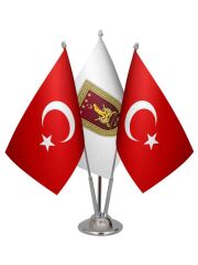 Masa Üstü Kara Kuvvetleri Bayrağı Türk Bayrağı Üçlü Krom Direk Masa Bayrak Seti