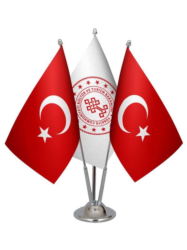 Masa Üstü Kültür Bakanlığı Bayrağı Türk Bayrağı Üçlü Krom Direk Masa Bayrak Seti