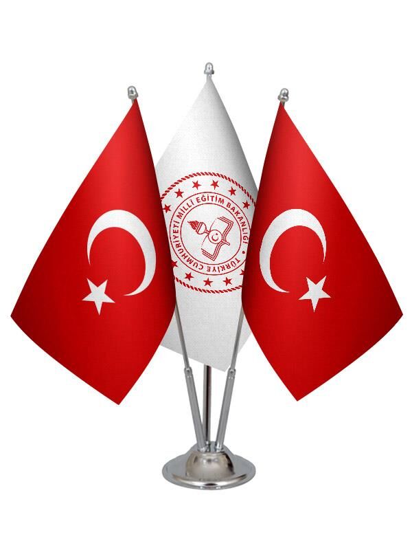 Masa Üstü Milli Eğitim Bakanlığı Bayrağı Türk Bayrağı Üçlü Krom Direk Masa Bayrak Seti