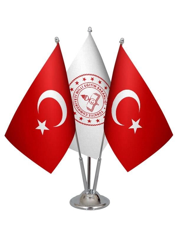 Masa Üstü Milli Eğitim Bakanlığı Bayrağı Türk Bayrağı Üçlü Krom Direk Masa Bayrak Seti
