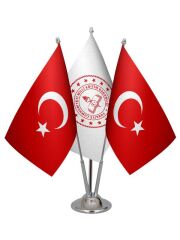 Masa Üstü Milli Eğitim Bakanlığı Bayrağı Türk Bayrağı Üçlü Krom Direk Masa Bayrak Seti