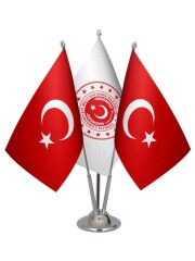 Masa Üstü Milli Savunma Bakanlığı Bayrağı Türk Bayrağı Üçlü Krom Direk Masa Bayrak Seti