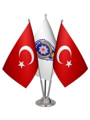 Masa Üstü Polis Logosu Bayrağı Türk Bayrağı Üçlü Krom Direk Masa Bayrak Seti