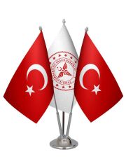 Masa Üstü Sağlık Bakanlığı Bayrağı Türk Bayrağı Üçlü Krom Direk Masa Bayrak Seti
