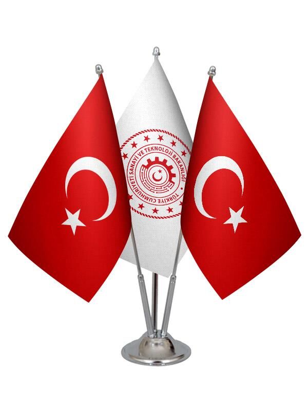 Masa Üstü Sanayi Bakanlığı Bayrağı Türk Bayrağı Üçlü Krom Direk Masa Bayrak Seti