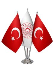 Masa Üstü Sanayi Bakanlığı Bayrağı Türk Bayrağı Üçlü Krom Direk Masa Bayrak Seti