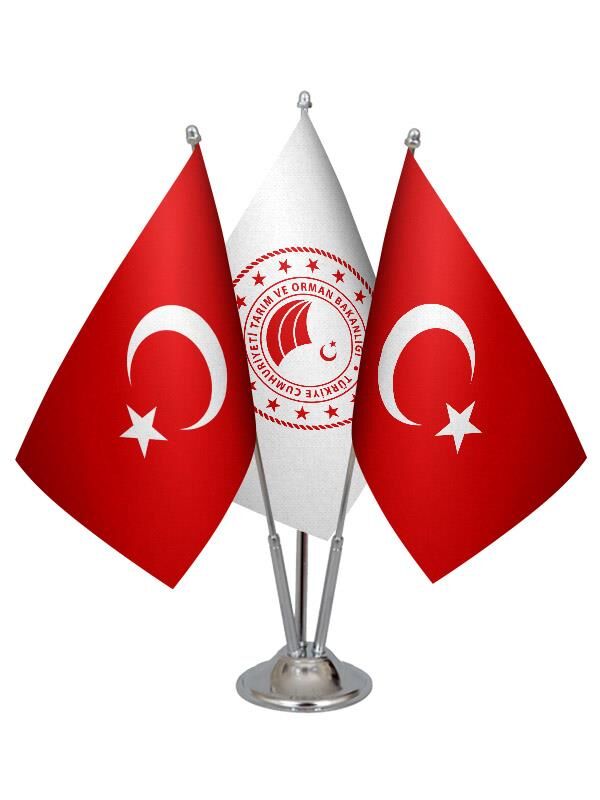 Masa Üstü Tarım Bakanlığı Bayrağı Türk Bayrağı Üçlü Krom Direk Masa Bayrak Seti