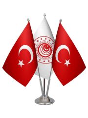 Masa Üstü Ticaret Bakanlığı Bayrağı Türk Bayrağı Üçlü Krom Direk Masa Bayrak Seti