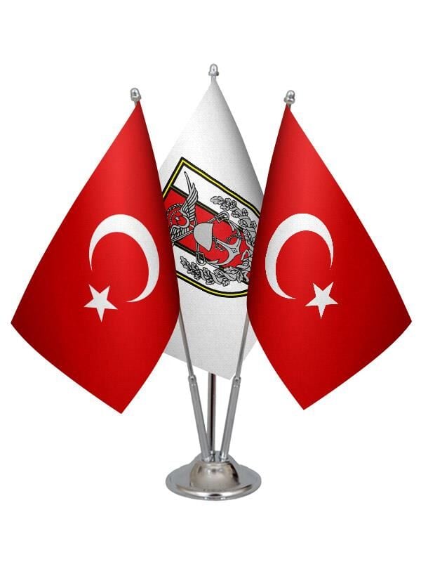 Masa Üstü Türk Silahlı Kuvvetleri Bayrağı Türk Bayrağı Üçlü Krom Direk Masa Bayrak Seti