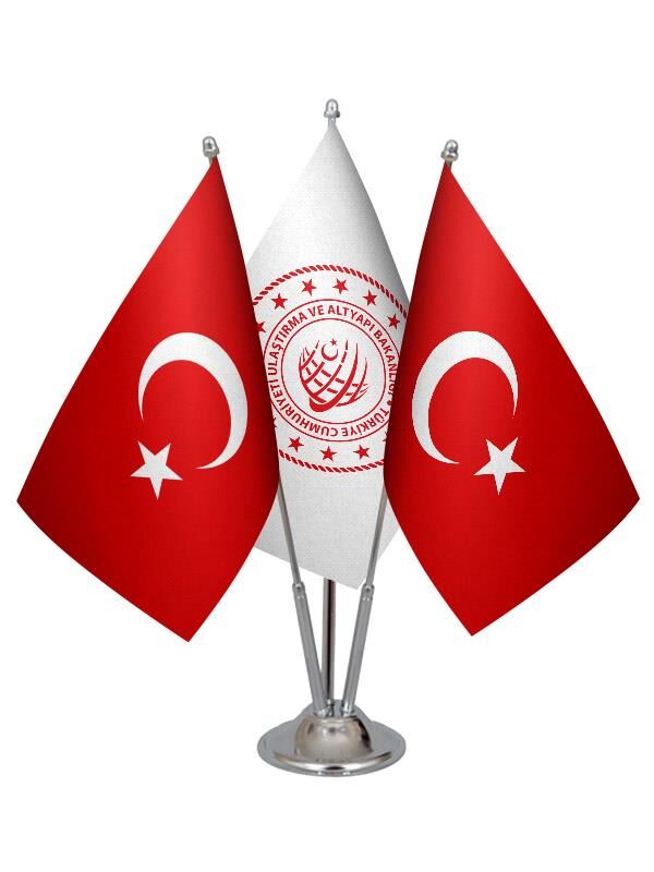Masa Üstü Ulaştırma Bakanlığı Bayrağı Türk Bayrağı Üçlü Krom Direk Masa Bayrak Seti