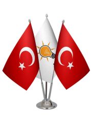 Masa Üstü Ak Parti Bayrağı Türk Bayrağı Üçlü Krom Direk Masa Bayrak Seti