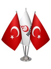 Masa Üstü Alperen Ocakları Bayrağı Türk Bayrağı Üçlü Krom Direk Masa Bayrak Seti