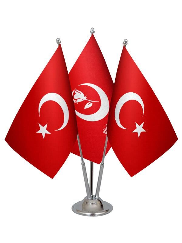 Masa Üstü Büyük Birlik Partisi Bayrağı Türk Bayrağı Üçlü Krom Direk Masa Bayrak Seti