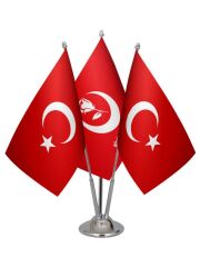 Masa Üstü Büyük Birlik Partisi Bayrağı Türk Bayrağı Üçlü Krom Direk Masa Bayrak Seti