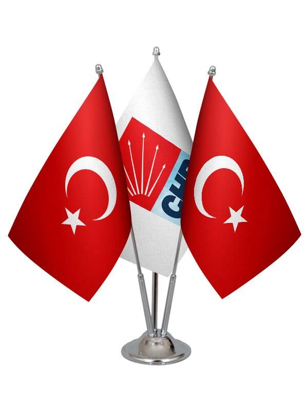 Masa Üstü CHP Bayrağı Türk Bayrağı Üçlü Krom Direk Masa Bayrak Seti