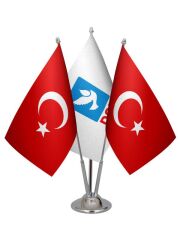 Masa Üstü DSP Bayrağı Türk Bayrağı Üçlü Krom Direk Masa Bayrak Seti