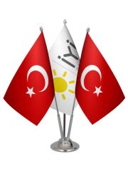 Masa Üstü İyi Parti Bayrağı Türk Bayrağı Üçlü Krom Direk Masa Bayrak Seti
