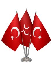Masa Üstü MHP Bayrağı Türk Bayrağı Üçlü Krom Direk Masa Bayrak Seti