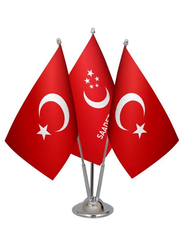 Masa Üstü Saadet Partisi Bayrağı Türk Bayrağı Üçlü Krom Direk Masa Bayrak Seti