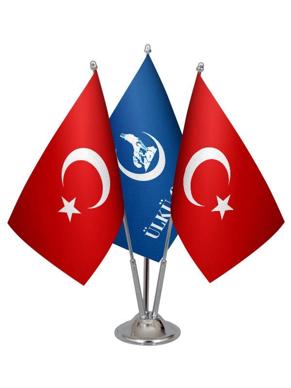 Masa Üstü Ülkü Ocakları Bayrağı Türk Bayrağı Üçlü Krom Direk Masa Bayrak Seti