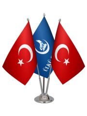 Masa Üstü Ülkü Ocakları Bayrağı Türk Bayrağı Üçlü Krom Direk Masa Bayrak Seti