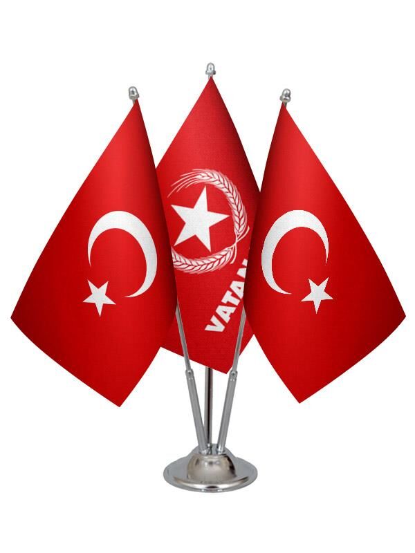 Masa Üstü Vatan Partisi Bayrağı Türk Bayrağı Üçlü Krom Direk Masa Bayrak Seti