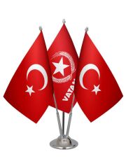 Masa Üstü Vatan Partisi Bayrağı Türk Bayrağı Üçlü Krom Direk Masa Bayrak Seti