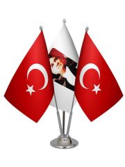 Masa Üstü Atatürk Bayrağı Türk Bayrağı Üçlü Krom Direk Masa Bayrak Seti