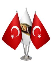 Masa Üstü Atatürk Bayrağı Türk Bayrağı Üçlü Krom Direk Masa Bayrak Seti