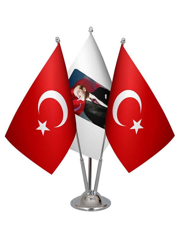 Masa Üstü Atatürk Bayrağı Türk Bayrağı Üçlü Krom Direk Masa Bayrak Seti