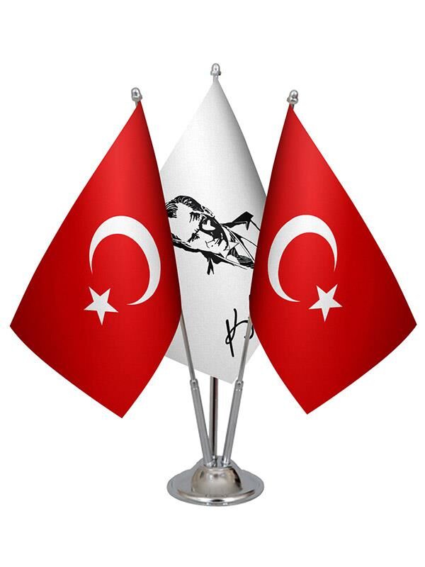 Masa Üstü Atatürk İmzalı Bayrağı Türk Bayrağı Üçlü Krom Direk Masa Bayrak Seti