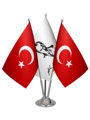 Masa Üstü Atatürk İmzalı Bayrağı Türk Bayrağı Üçlü Krom Direk Masa Bayrak Seti