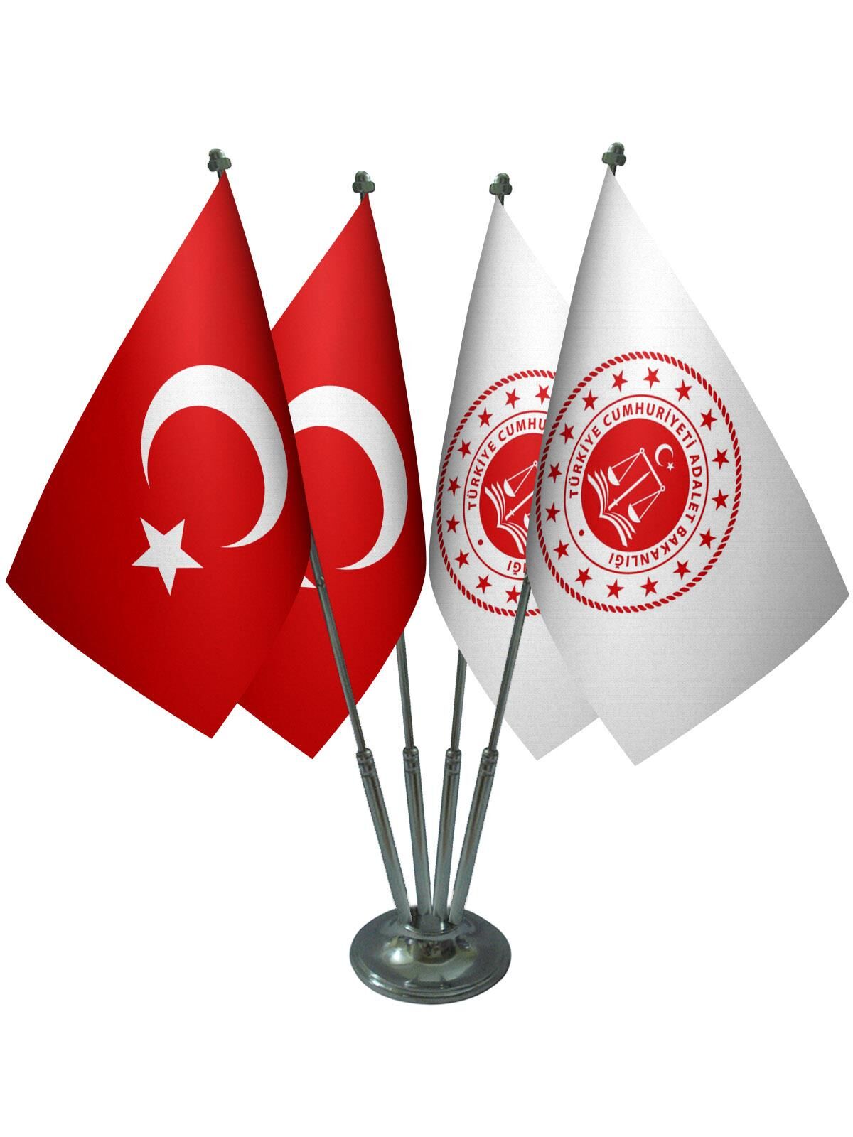 Masa Üstü Adalet Bakanlığı Bayrağı Türk Bayrağı Dörtlü Krom Direk Masa Bayrak Seti