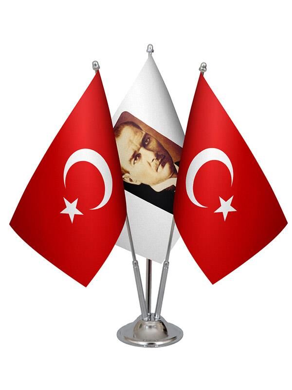 Masa Üstü Atatürk Bayrağı Türk Bayrağı Üçlü Krom Direk Masa Bayrak Seti