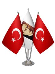 Masa Üstü Atatürk Bayrağı Türk Bayrağı Üçlü Krom Direk Masa Bayrak Seti