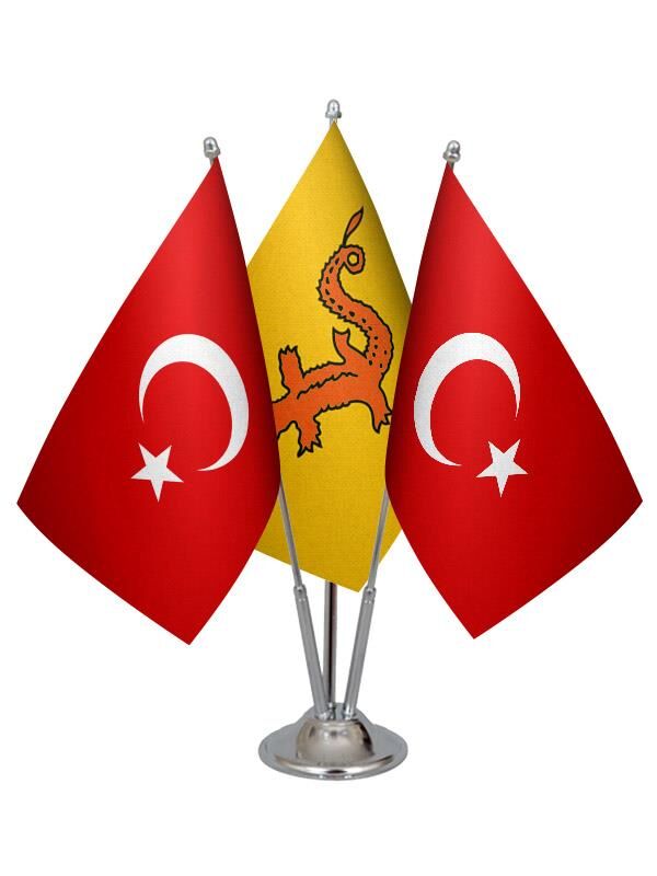 Masa Üstü Hun İmparatorluğu Bayrağı Türk Bayrağı Üçlü Krom Direk Masa Bayrak Seti