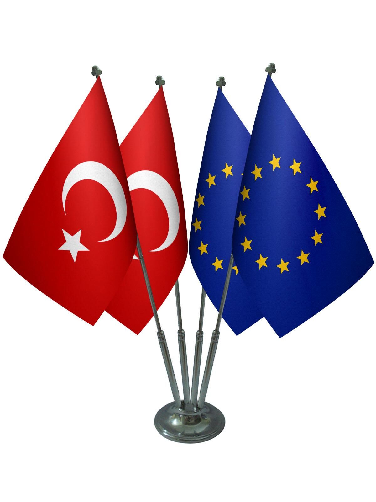 Masa Üstü Avrupa Birliği Bayrağı Türk Bayrağı Dörtlü Krom Direk Masa Bayrak Seti