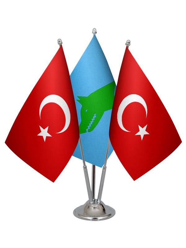 Masa Üstü Göktürk Bayrağı Türk Bayrağı Üçlü Krom Direk Masa Bayrak Seti