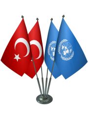 Masa Üstü BM Birleşmiş Milletler Bayrağı Türk Bayrağı Dörtlü Krom Direk Masa Bayrak Seti