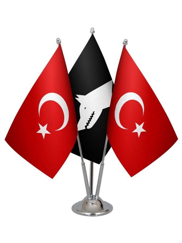 Masa Üstü Siyah Göktürk Bayrağı Türk Bayrağı Üçlü Krom Direk Masa Bayrak Seti
