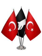 Masa Üstü Siyah Göktürk Bayrağı Türk Bayrağı Üçlü Krom Direk Masa Bayrak Seti
