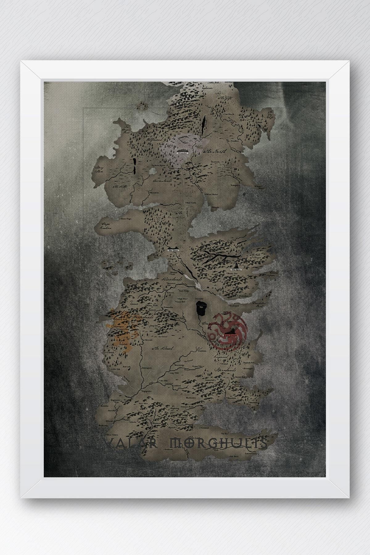 Game of Thrones Haritası Çerçeveli Tablo - Taht Oyunları Dizi Posteri Tablo 21x30 - Beyaz