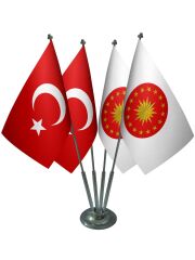 Masa Üstü Cumhurbaşkanlığı Forsu Bayrağı Türk Bayrağı Dörtlü Krom Direk Masa Bayrak Seti