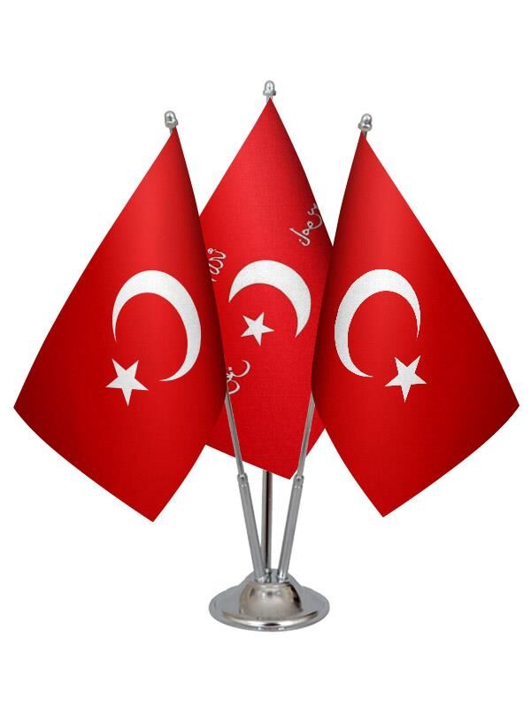 Masa Üstü İttihat ve Terakki Bayrağı Türk Bayrağı Üçlü Krom Direk Masa Bayrak Seti