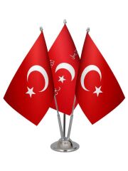 Masa Üstü İttihat ve Terakki Bayrağı Türk Bayrağı Üçlü Krom Direk Masa Bayrak Seti