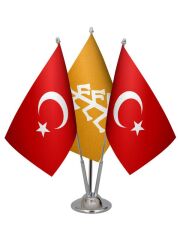 Masa Üstü Karahanlılar Bayrağı Türk Bayrağı Üçlü Krom Direk Masa Bayrak Seti