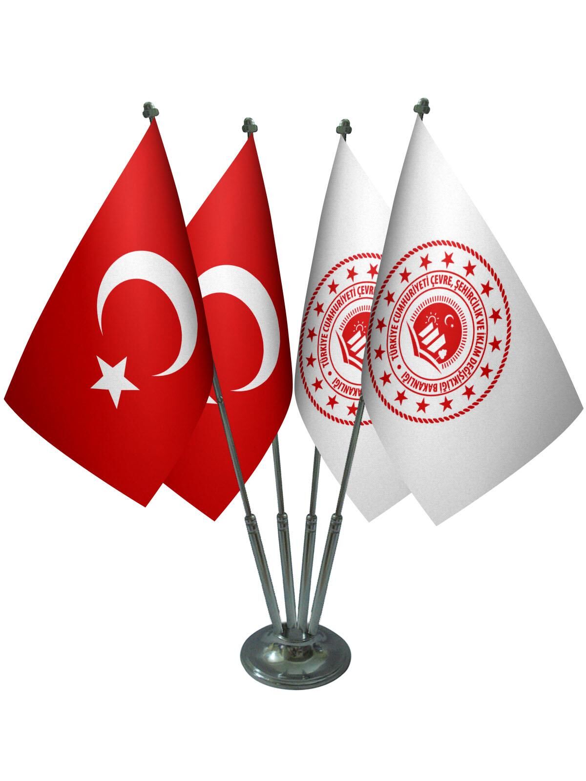 Masa Üstü Çevre Şehircilik Bakanlığı Bayrağı Türk Bayrağı Dörtlü Krom Direk Masa Bayrak Seti