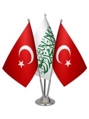 Masa Üstü Beyaz Kelimei Tevhid Bayrağı Türk Bayrağı Üçlü Krom Direk Masa Bayrak Seti