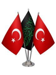 Masa Üstü Siyah Kelimei Tevhid Bayrağı Türk Bayrağı Üçlü Krom Direk Masa Bayrak Seti